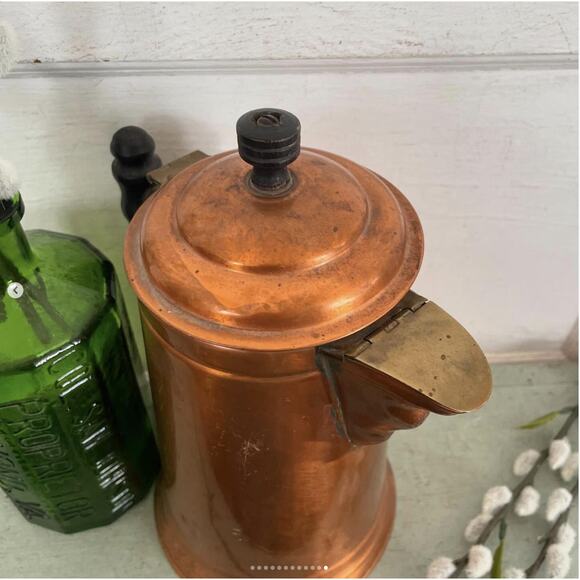 Vintage Copper Brass Cowboy Coffeepot Wood Handle Knob Brass Hinge Spout Cover - Picture 9 of 10
